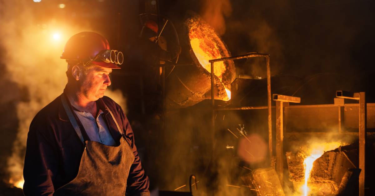 A foundry worker wearing FR clothing is standing in front of a vat of molten metal on a factory floor.